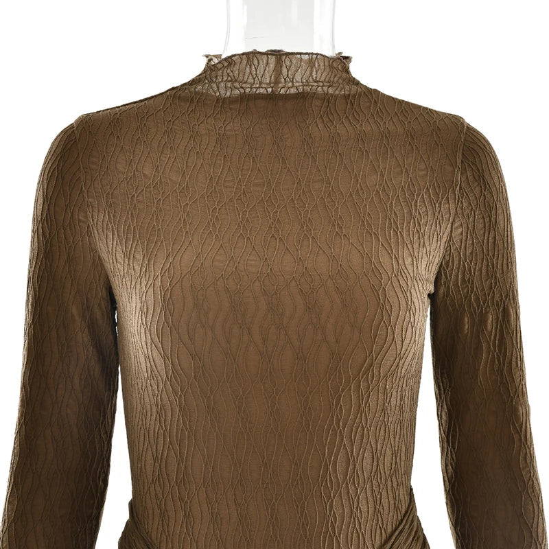 Maxi dress with ruching, tie decoration, and turtleneck collar - Halsey