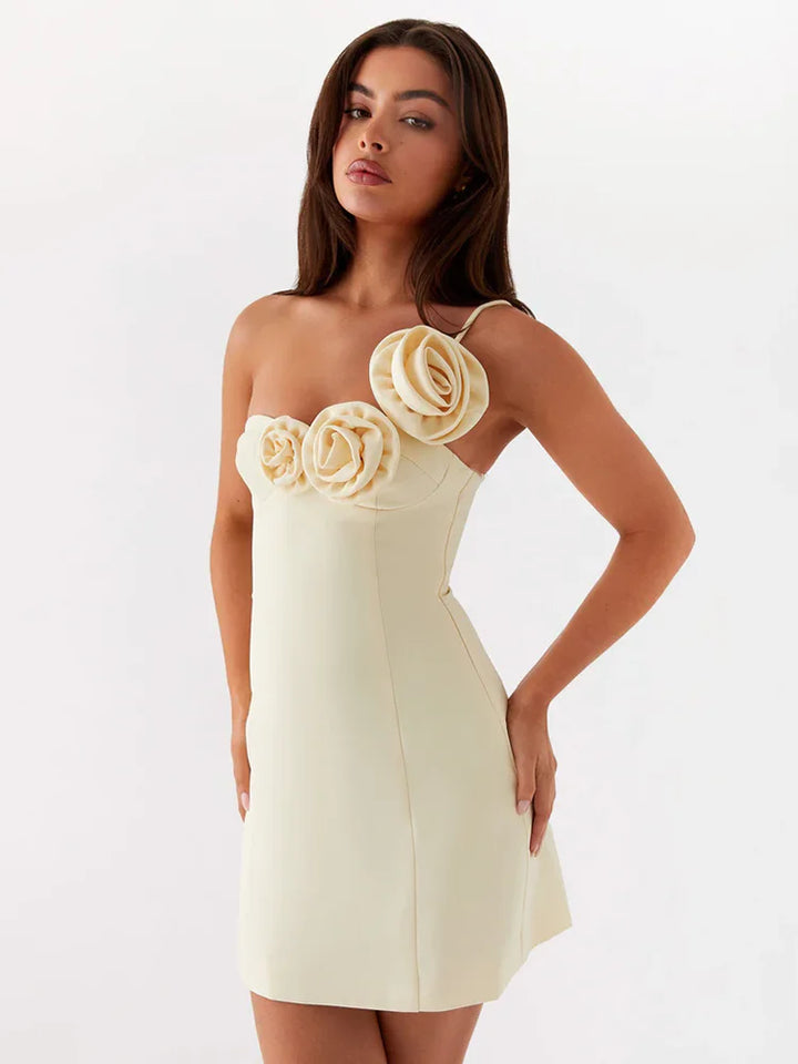 Mini Dress with Floral Applique and One Shoulder Strap - Annika