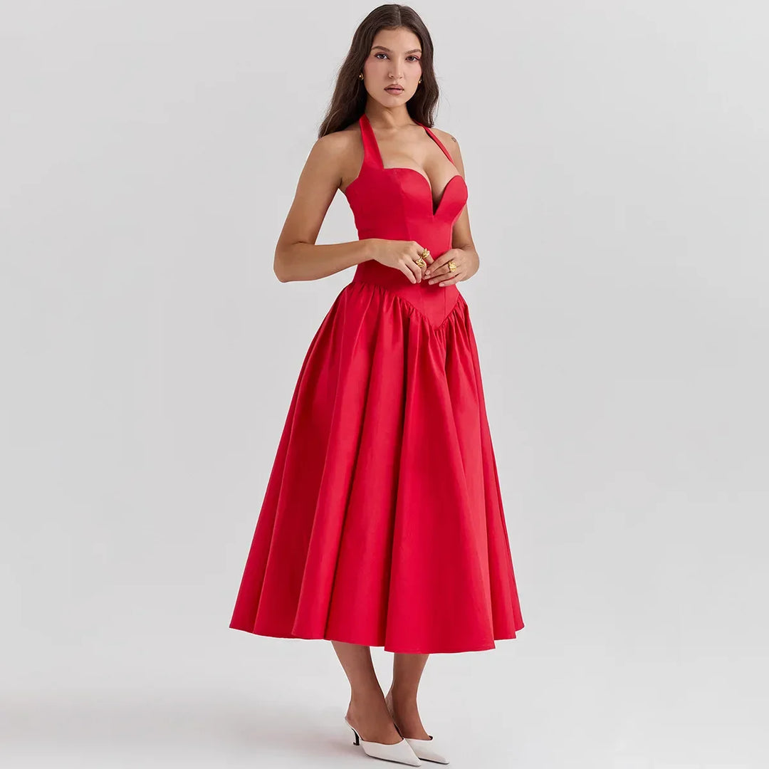 Midi A-Line Dress with Corset Design, Neck Tie - Tanya
