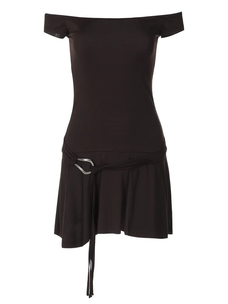 Mini Dress with Waist Belt Detail and Off-Shoulder Design - Antonella