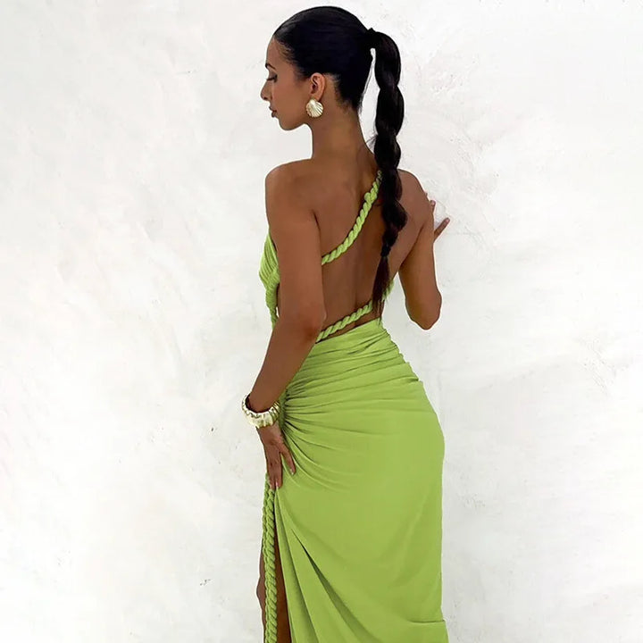 Maxi One-Shoulder Dress with Cutout and Slit, Braided Detail - Panama