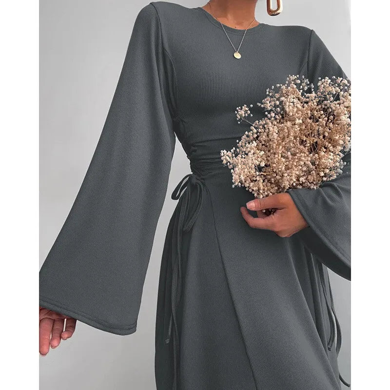 Modest knitted A-line maxi dress with waist ties - Liri