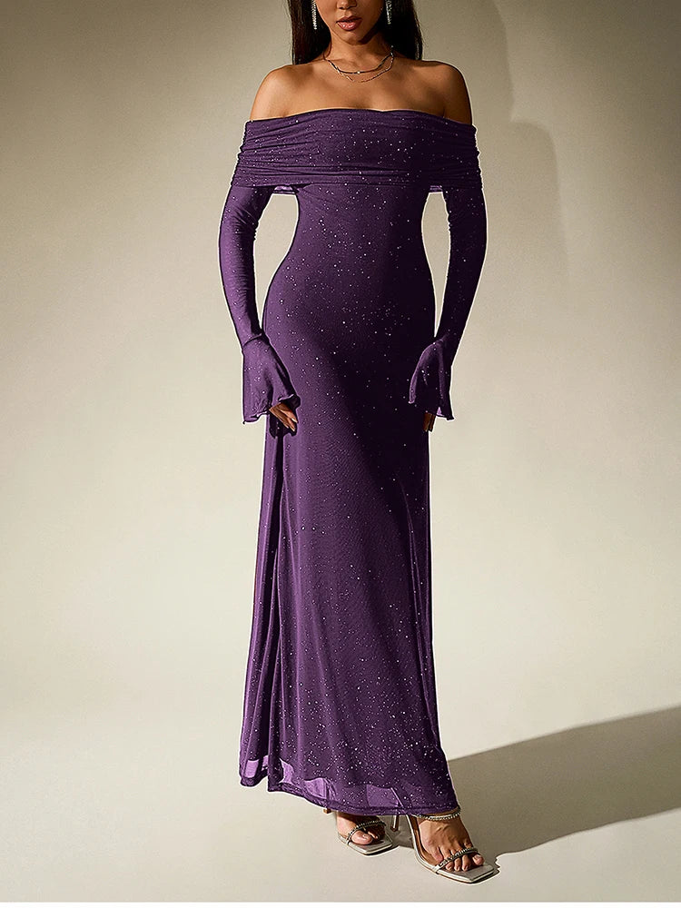 Sequin maxi dress with off-shoulder design and bell sleeves - Margarita