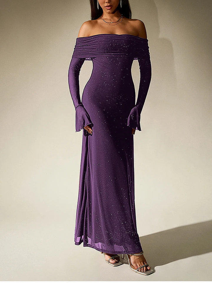 Sequin maxi dress with off-shoulder design and bell sleeves - Margarita