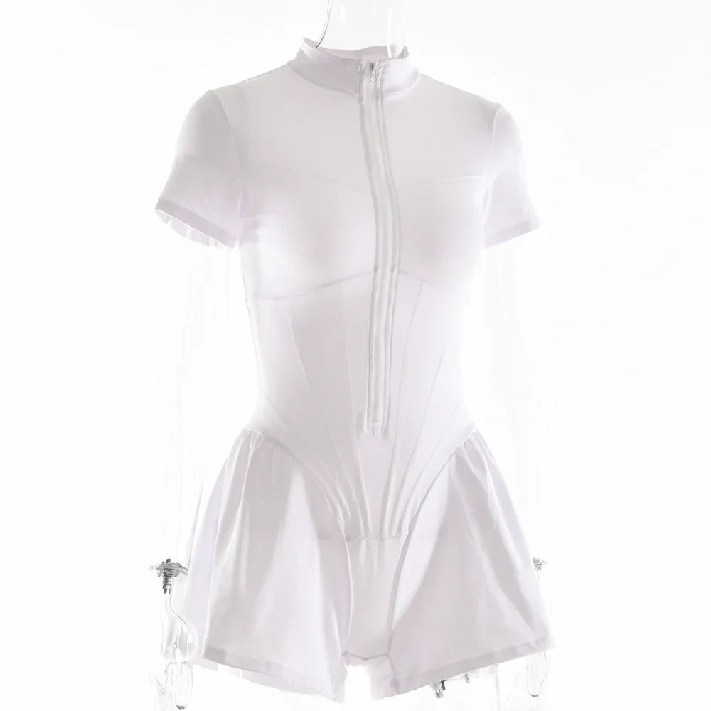 Short Sporty Jumpsuit with Corset Cut and Front Zipper Closure - Averie