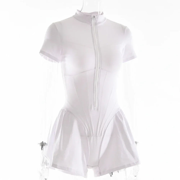 Short Sporty Jumpsuit with Corset Cut and Front Zipper Closure - Averie