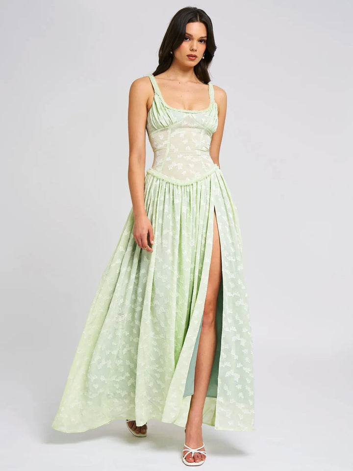 Chiffon Maxi Dress with Floral Embroidery, A-Line Cut, and Slit Design - Alejandra