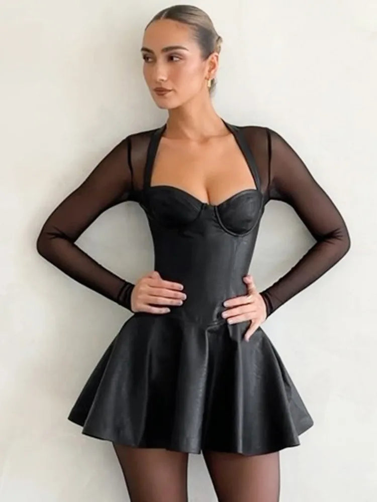 A-line faux leather mini dress with mesh sleeves - Ofek
