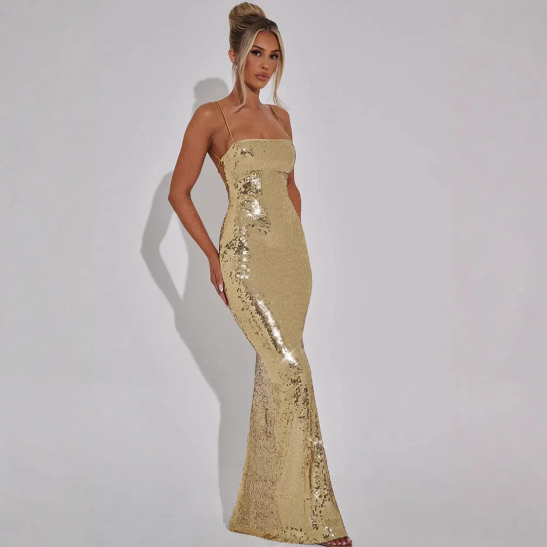 Sparkling Sequin Maxi Dress with Back Ties - Josie