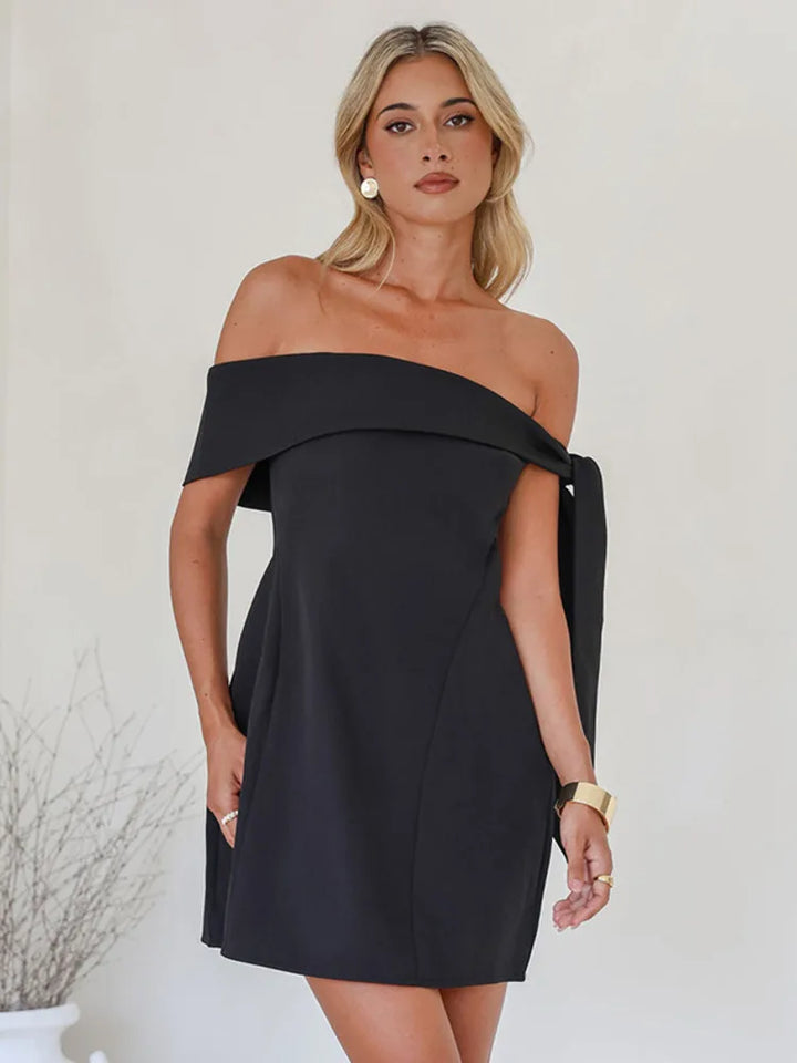 Mini A-line dress with bare shoulders decorated with tie - Sheli