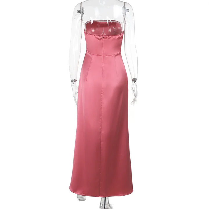 Maxi Strapless Satin Dress with Pleated Design - Rosa