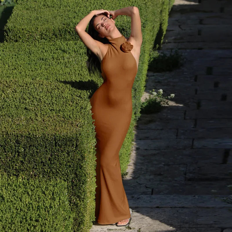 Knitted Collar Maxi Dress with Flower Decoration and Open Back - Amalia