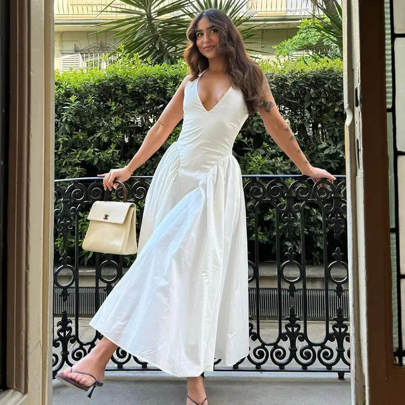 Midi A-line Dress with Neck Tie and Open Back - Makenna