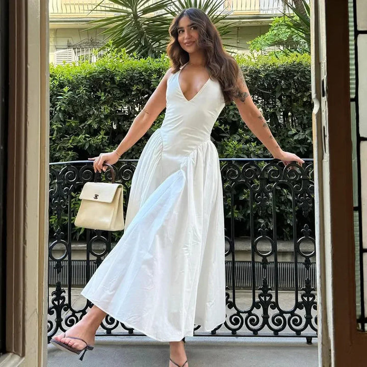 Midi A-line Dress with Neck Tie and Open Back - Makenna