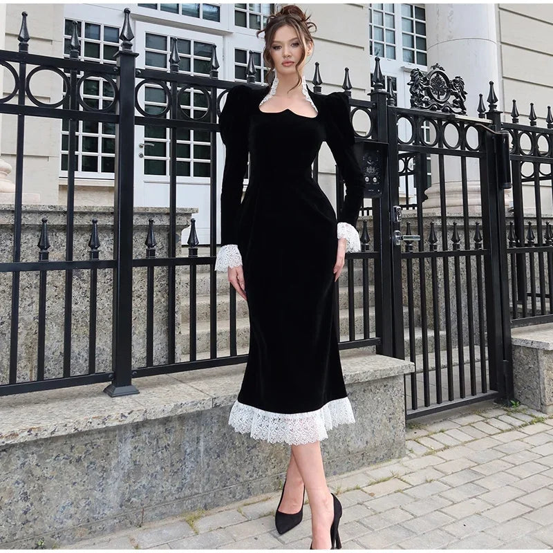 Velvet Maxi Dress with Lace Embellation - Saylor