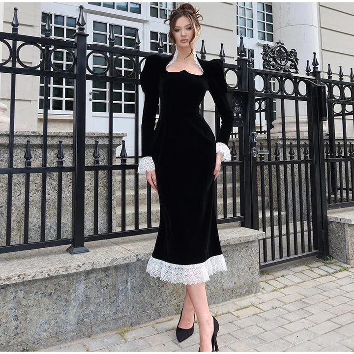 Velvet Maxi Dress with Lace Embellation - Saylor