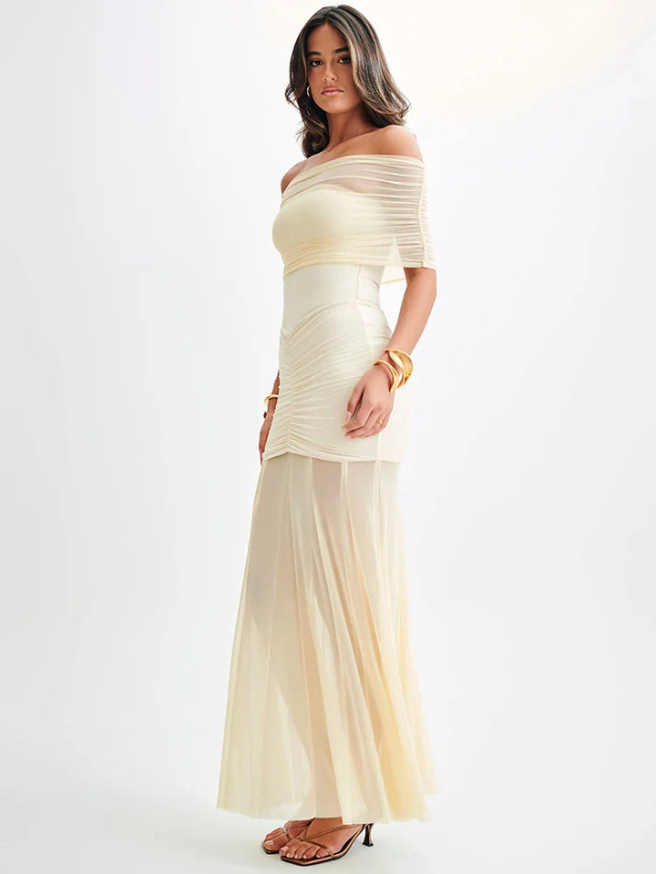 Chiffon Maxi Dress with Gathered Off-the-Shoulder Design - Delilah