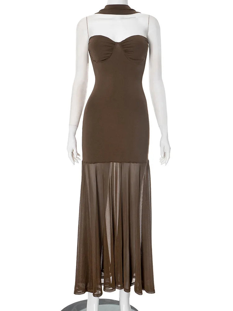Maxi Collar Dress with Chiffon Detail and Open Back - Rachel