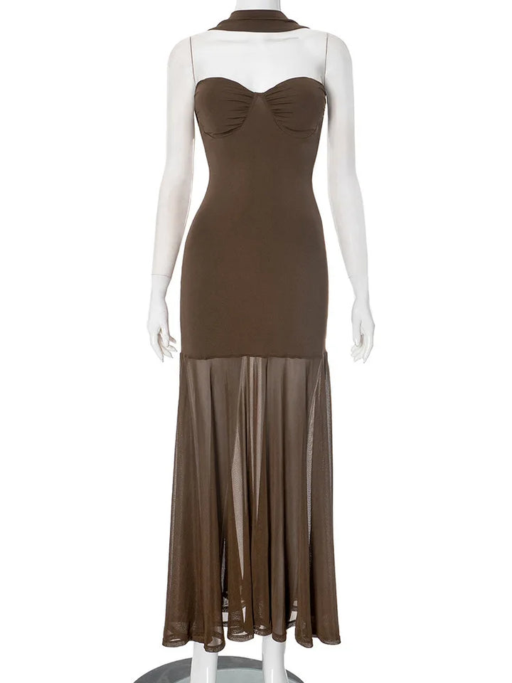 Maxi Collar Dress with Chiffon Detail and Open Back - Rachel