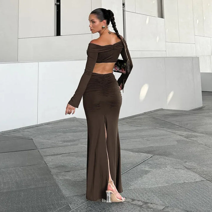 Two-Piece Set: Off-Shoulder Top with Buckle Detail and High-Waisted Maxi Skirt - Mariela