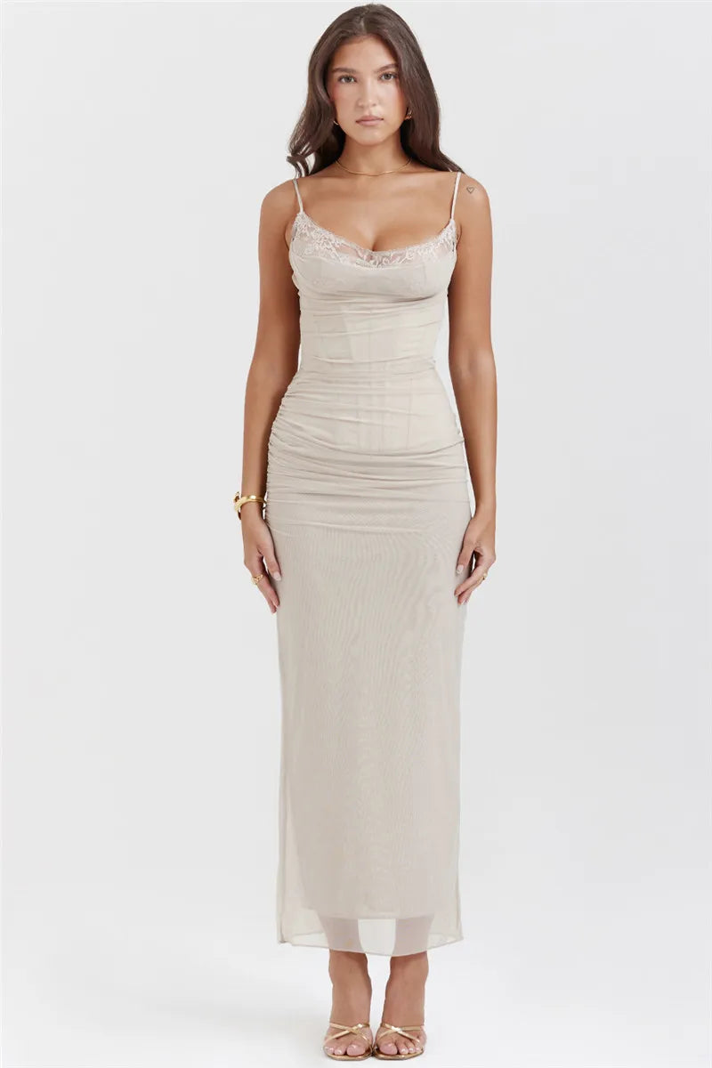 Fitted Maxi Chiffon Dress with Lace Details - Rosalia