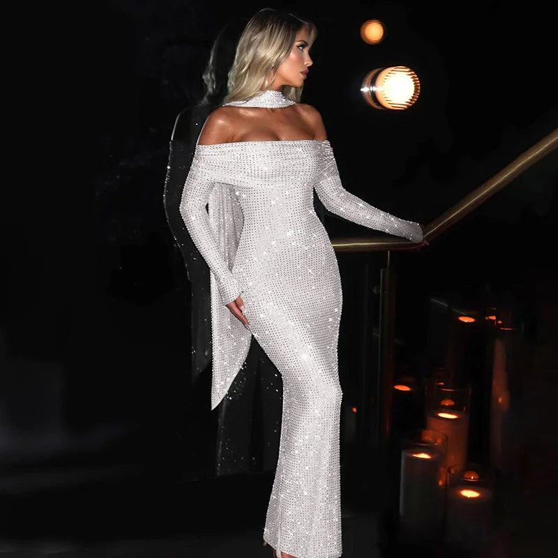 Maxi Off-Shoulder Dress with Glittering Sequins and Matching Scarf - Sandra