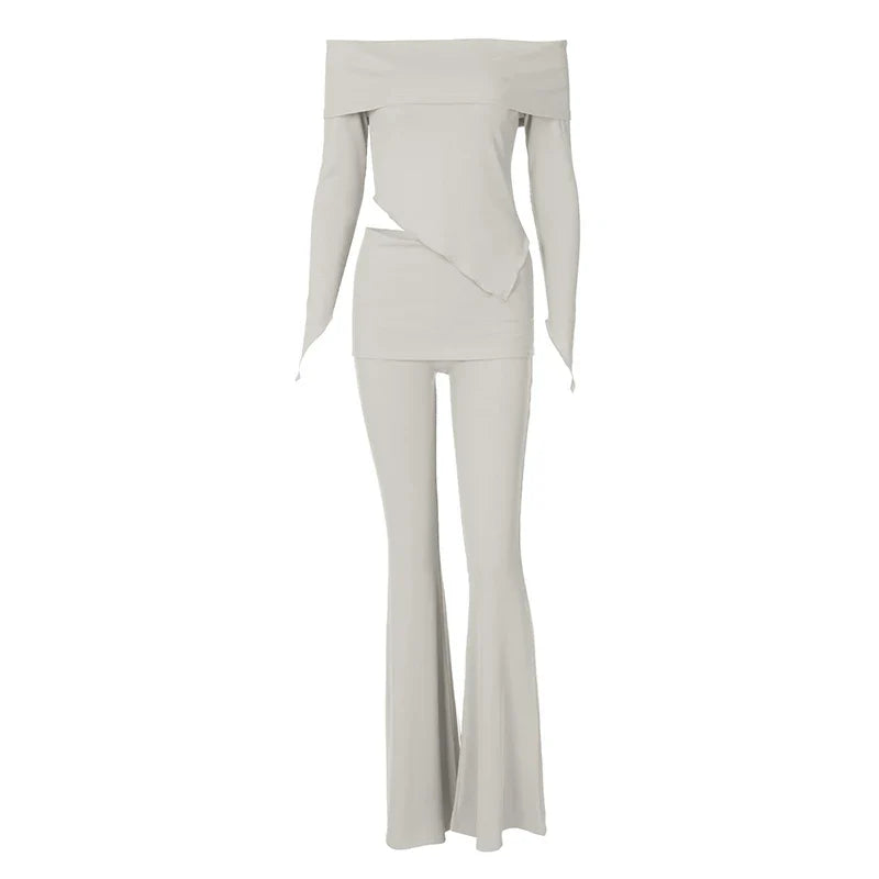 Two-piece knitted set with asymmetrical off-shoulder top and long pants - ROZIE