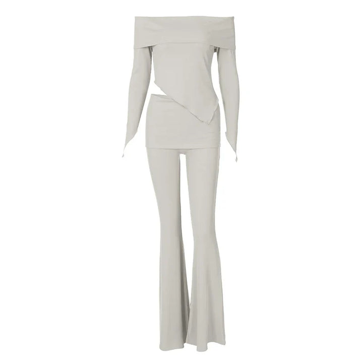 Two-piece knitted set with asymmetrical off-shoulder top and long pants - ROZIE