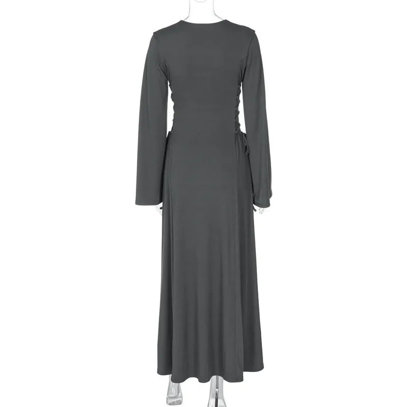 Modest knitted A-line maxi dress with waist ties - Liri