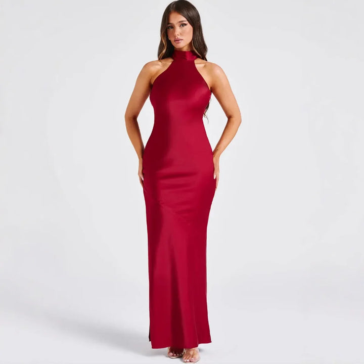 Maxi Satin Collar Dress with Slit Detail - Amari