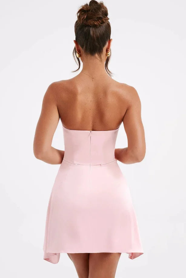 Strapless Satin Mini Dress with A-Line and Asymmetric Bow Detail - Roselyn