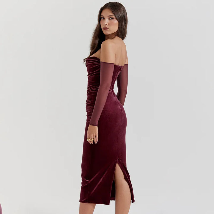 Velvet midi dress with pleats, off-shoulder, and mesh sleeves - Johanna