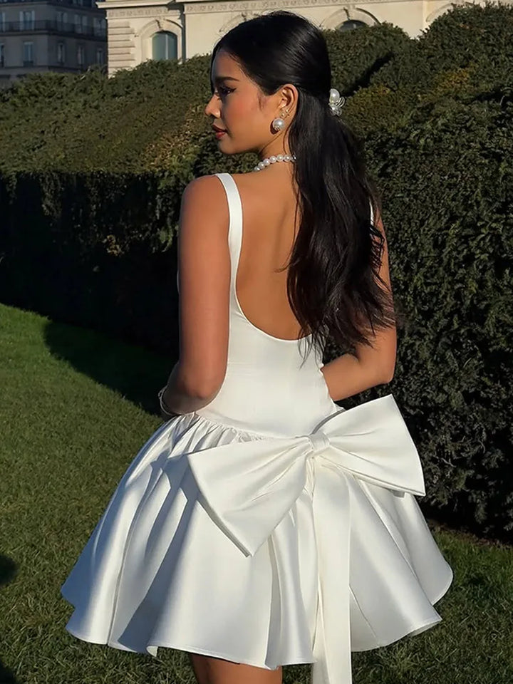 Satin Mini Dress with Open Back and Bow Embellishment - Reese