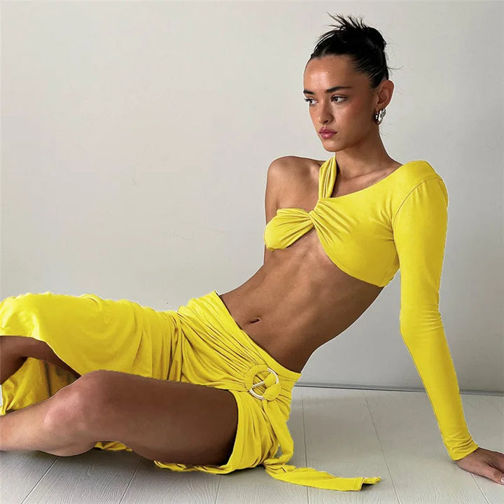 Two-Piece Set: Maxi Skirt with Deep Slit and Top with Special Design and One Sleeve - Sarah Lee