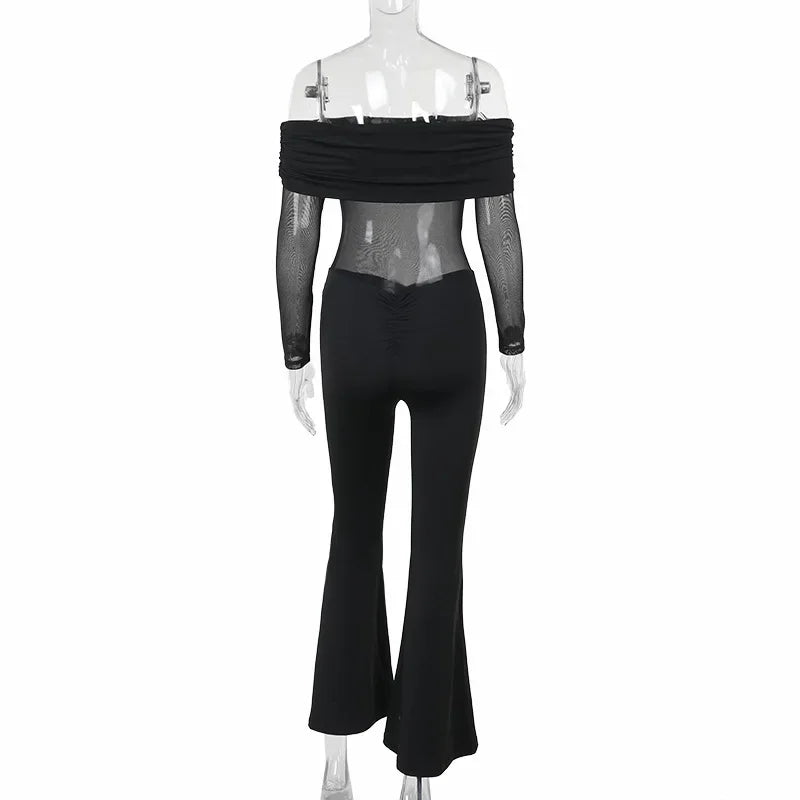 Shaping fabric jumpsuit with mesh design and off-shoulder pedal pants - Maya Lee