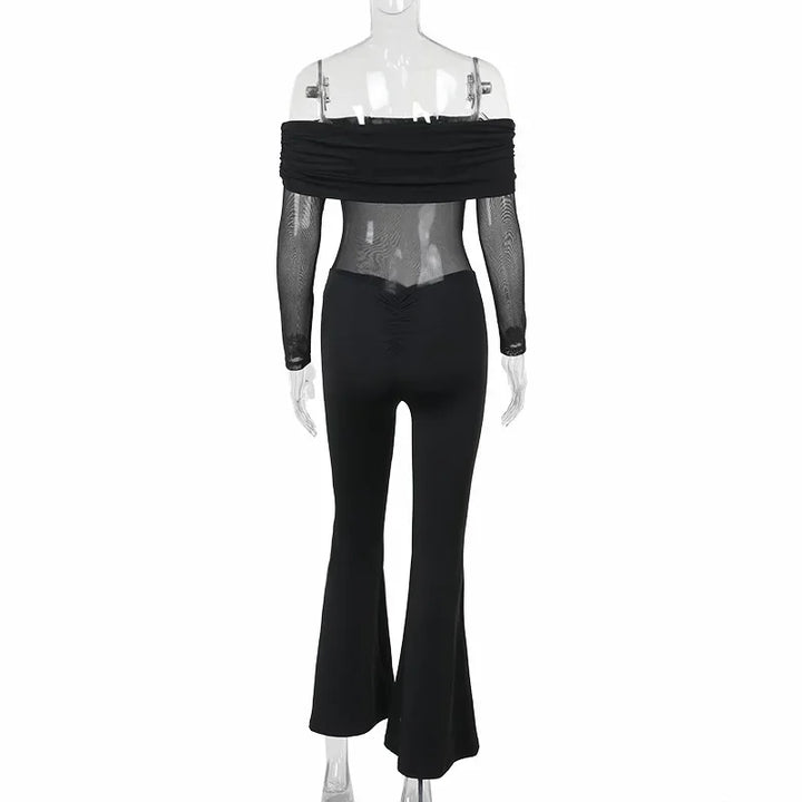 Shaping fabric jumpsuit with mesh design and off-shoulder pedal pants - Maya Lee