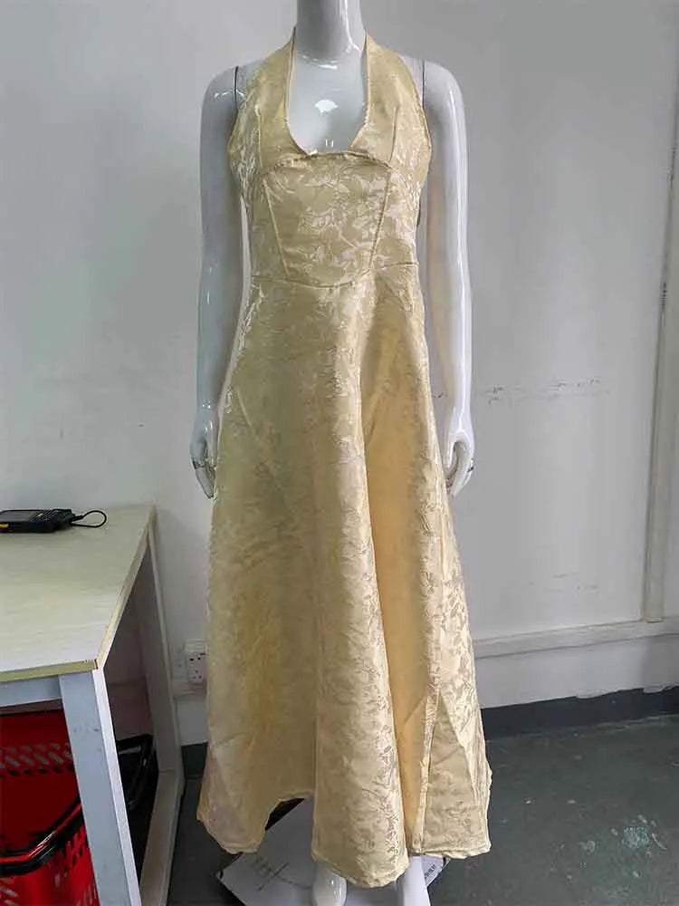 Midi A-Line Dress with Neck Tie, Open Back, Floral Embroidery Detail - Flora