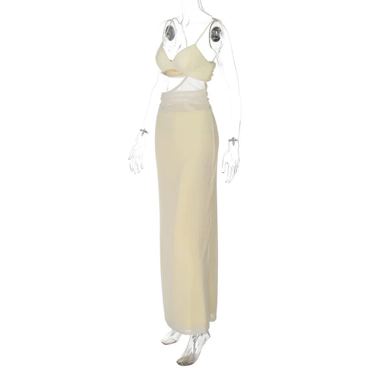Maxi mesh dress with lining, featuring cutout and open back design - Jane