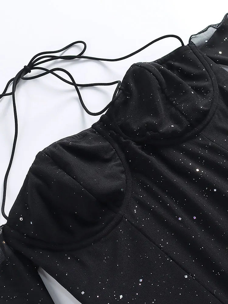 Sequin Mini Dress with Off-Shoulder and Mesh Sleeves - Barbara