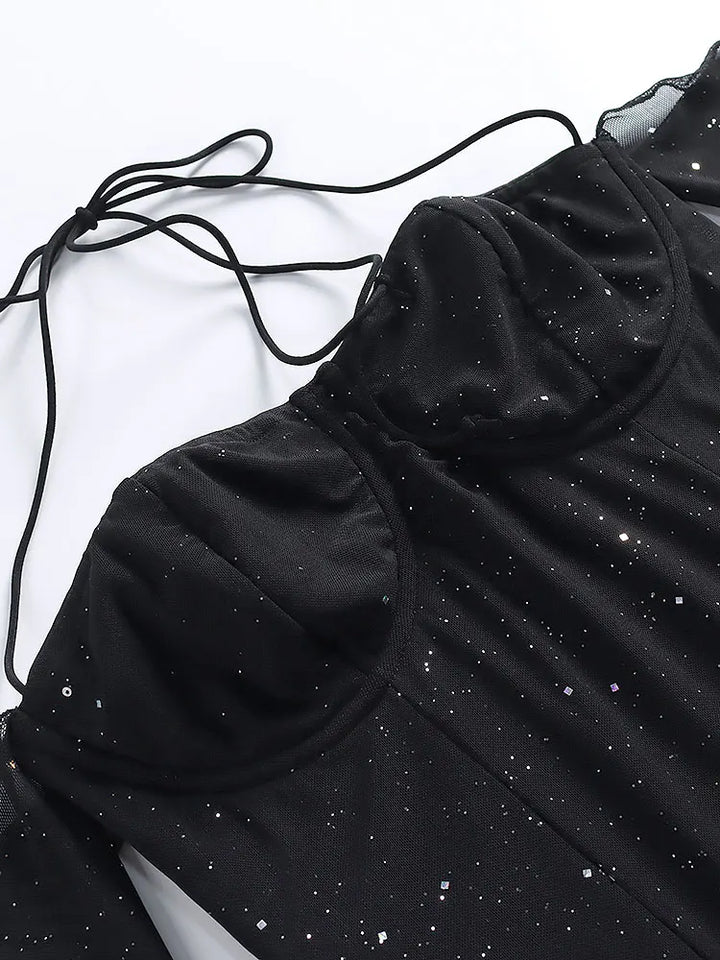 Sequin Mini Dress with Off-Shoulder and Mesh Sleeves - Barbara