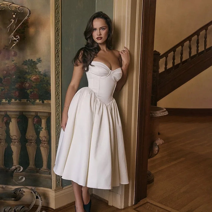Strapless Midi Dress with A-Line and Elegant Design - Simone