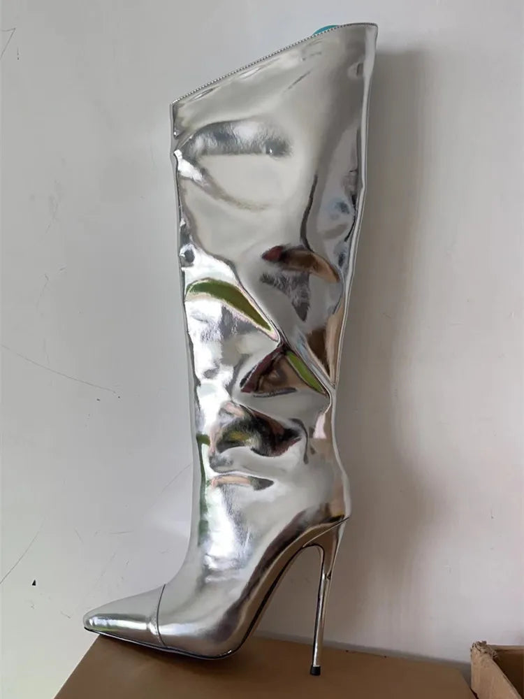 High Pointed Toe Heel Boots with Glossy Leather Design - Sloane