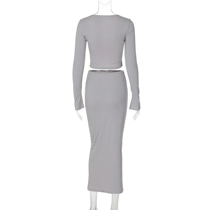 Knitted two-piece set: button-up shirt and fitted maxi skirt - MARIEL