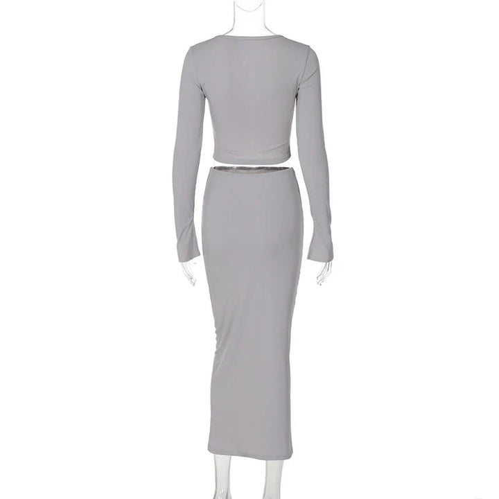 Knitted two-piece set: button-up shirt and fitted maxi skirt - MARIEL
