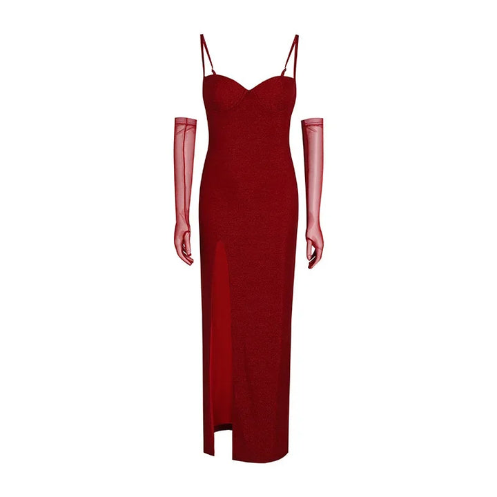 Sequin Maxi Dress with Slit and Glove Detail - Daphne