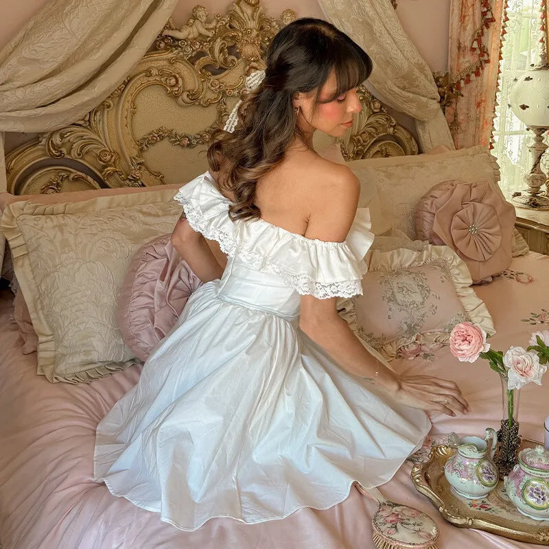 Rustic off-shoulder mini dress with lace decoration - Lali