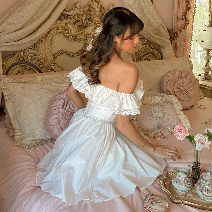 Rustic off-shoulder mini dress with lace decoration - Lali