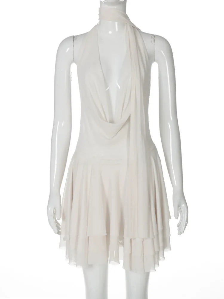 Chiffon Mini Dress with Ruffle, Open Back, Dropped Collar, and Matching Scarf Decoration - Lexi