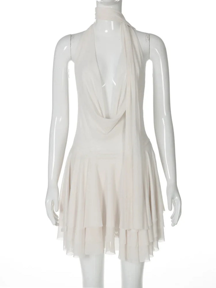 Chiffon Mini Dress with Ruffle, Open Back, Dropped Collar, and Matching Scarf Decoration - Lexi