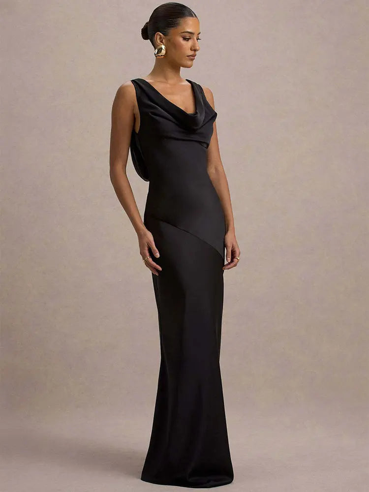 Maxi satin dress with draped collar and open back - Alexis